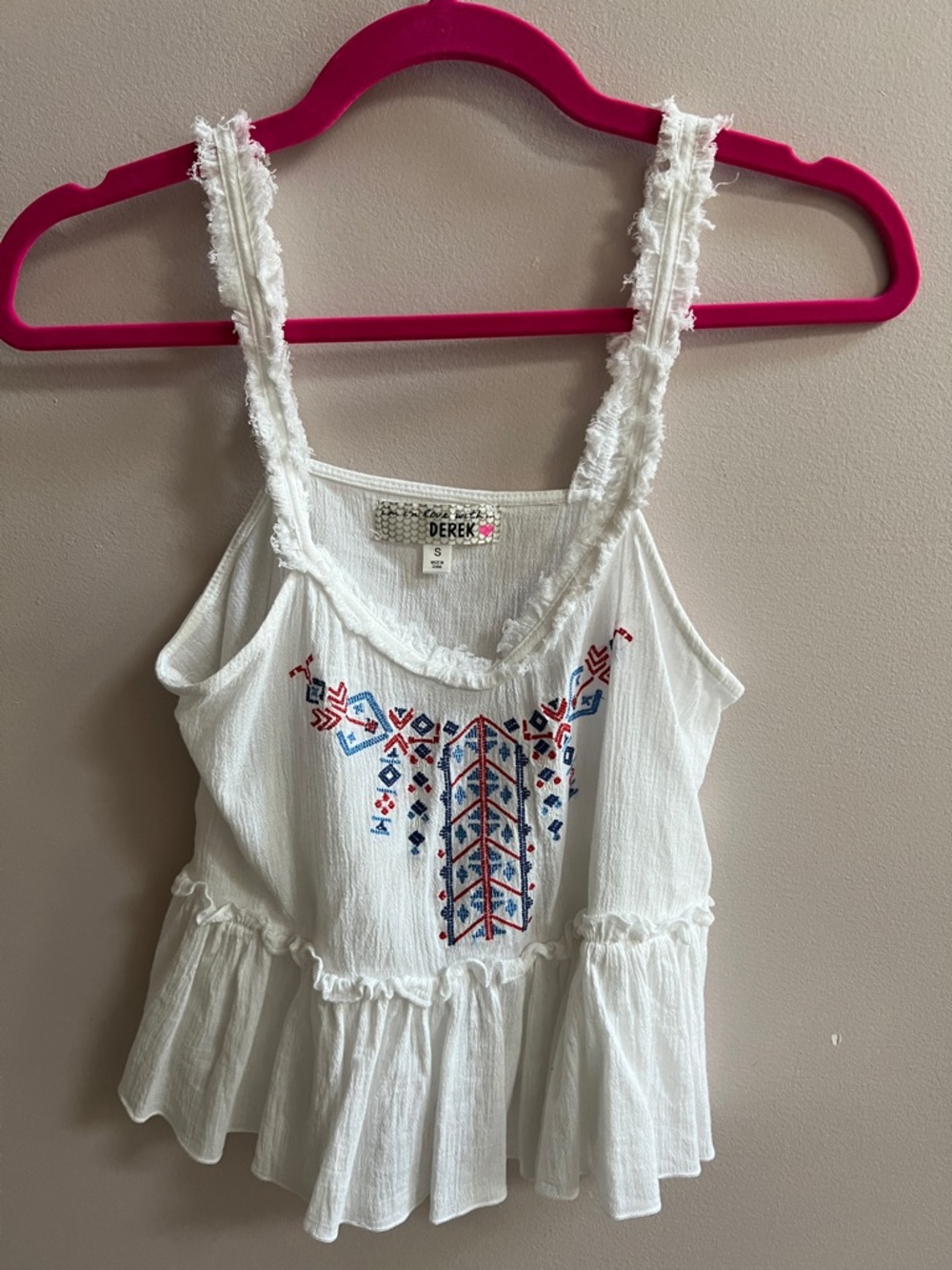 Derek White Boho Embroidered Ruffled Tank Red/White/Blue Geometric Design